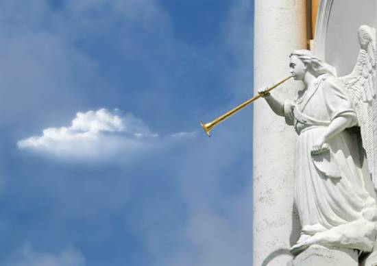 Angel statue blowing a golden trumpet A statue of an angel blowing a golden trumpet illustrates how the end of the world and Jesus' return will be anything but quiet!