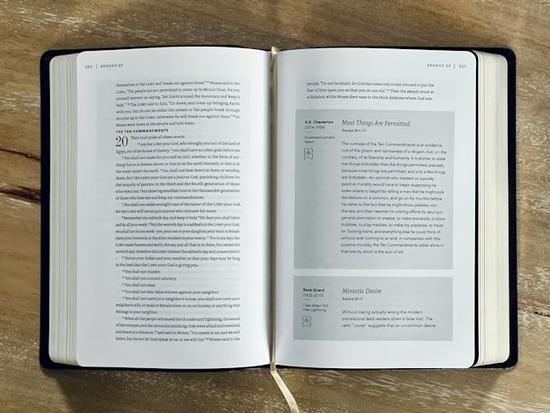 A Bible open to Exodus 20, which contains the Ten Commandments, principles of love for God and love for others