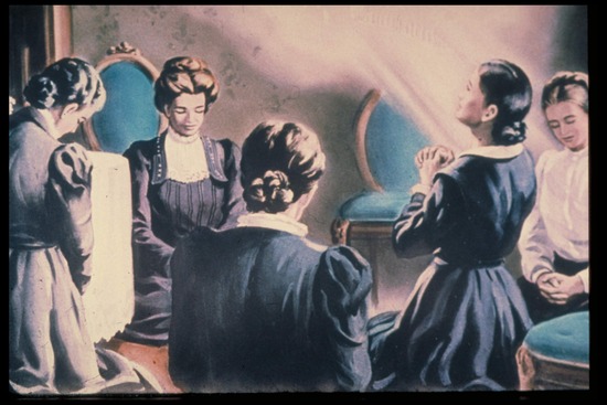 Ellen White First Vision A drawing of Ellen White receiving a vision as she kneels in prayer with other women at a women's prayer meeting.