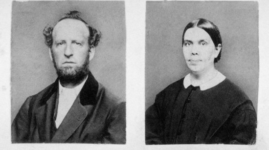 Portrait photos of James and Ellen White Two black and white portraits sit side-by-side, one of James White and the other of Ellen G. White.