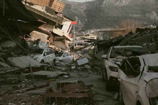 Smashed Cars and Buildings in Ruins after an Earthquake Crushed cars and building after an earthquake represent the natural disasters leading up to  Jesus' returns.