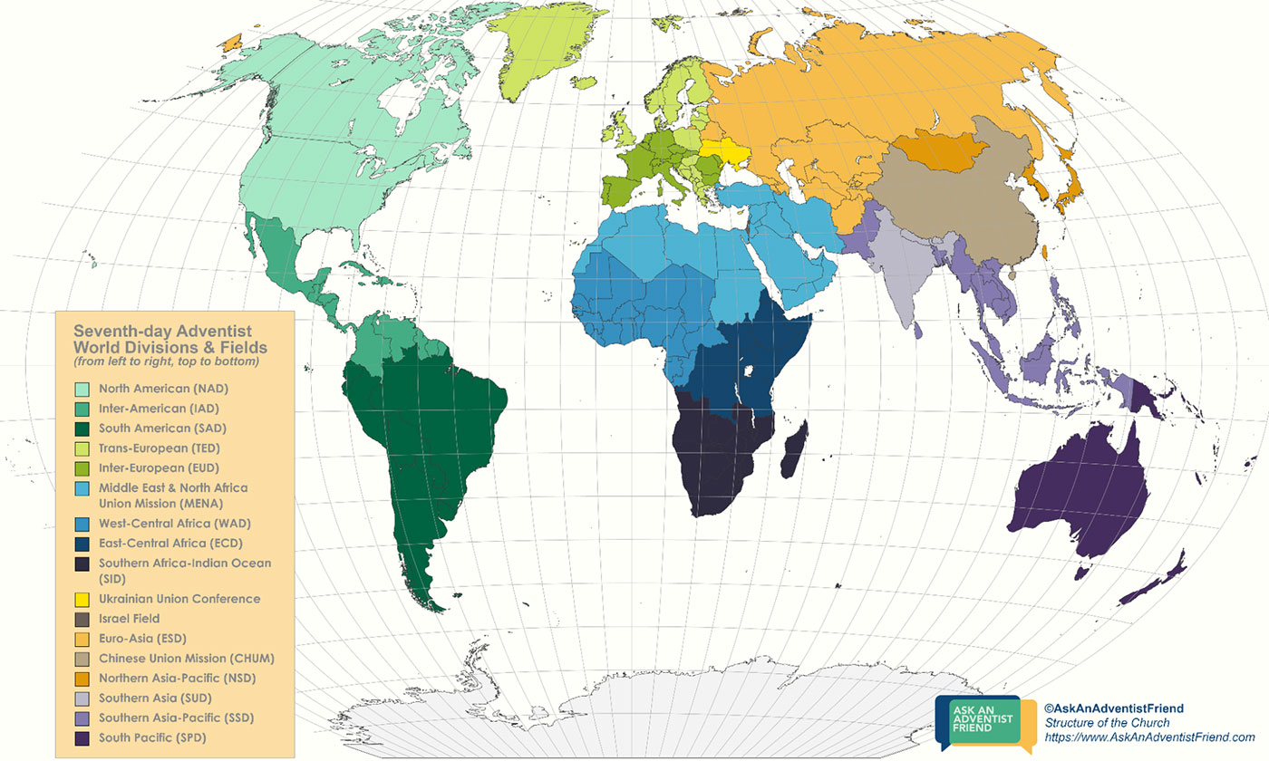 Divisions Map Seventh-day Adventist world divisions and fields map showing by different colors how areas around the world are grouped together for church organization.