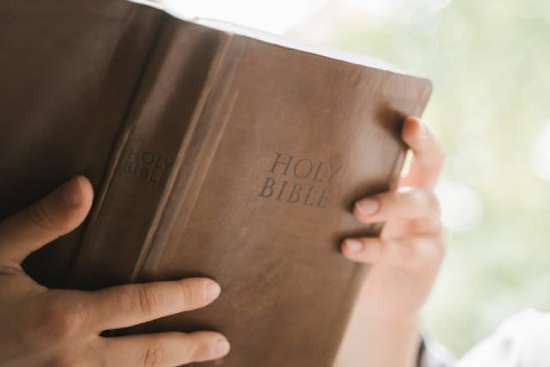 Person Holding a Brown Leather Bible  An open Bible being read.
